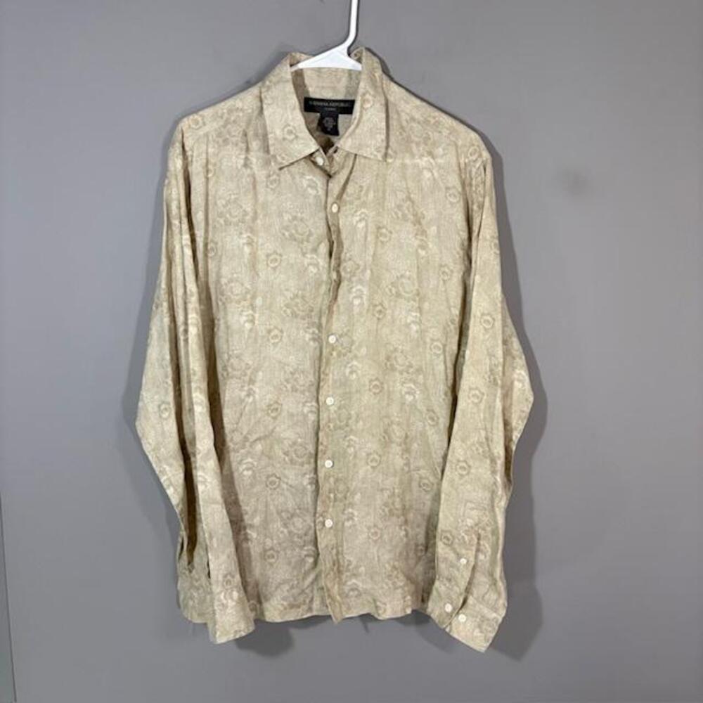 Banana Republic Shirt Mens Medium Beige Floral Linen Long Sleeve Button Up